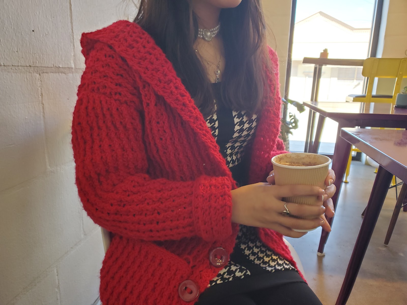 Crocheting a cozy cougar red cardigan for Christmas